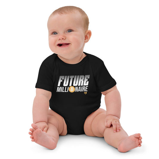 Baby wearing a black onesie with 'FUTURE bitcoin MILLIONAIRE' text on a white background