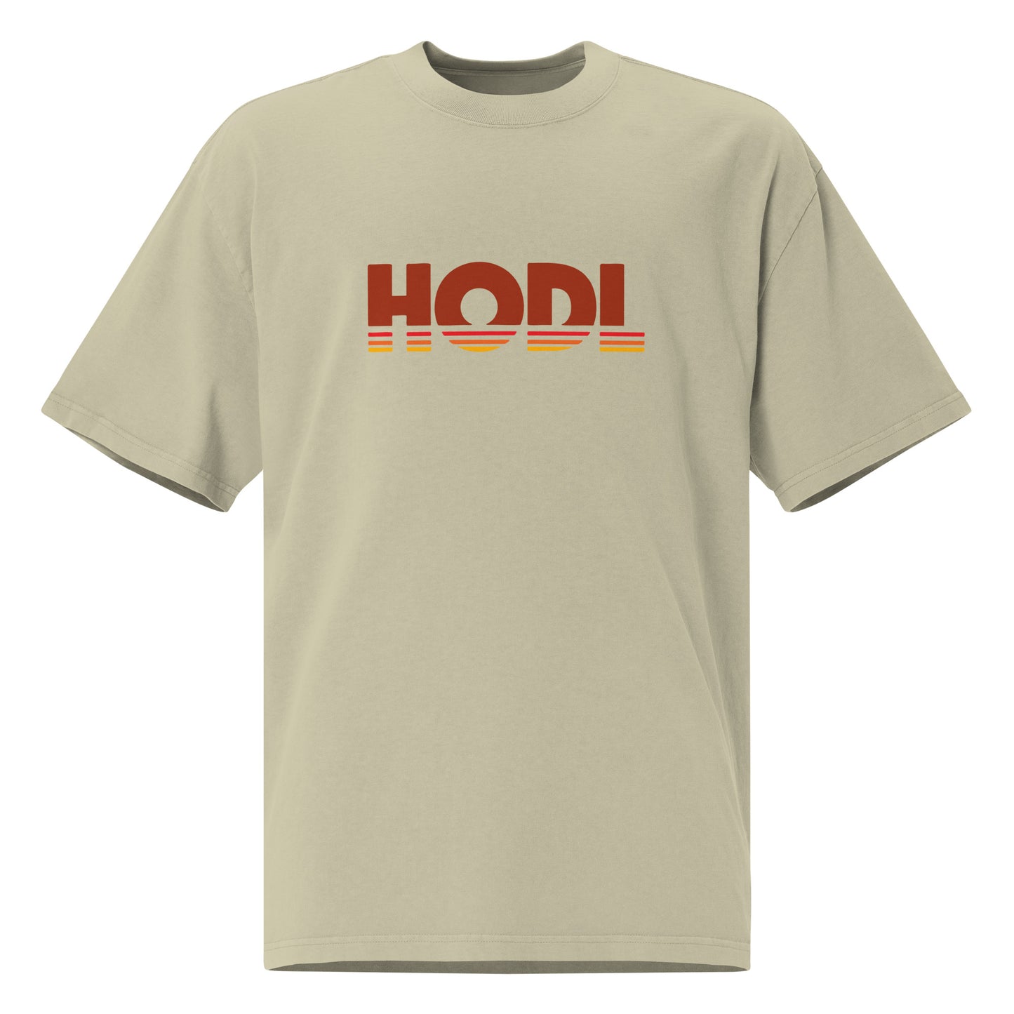Beige t-shirt with 'HODL' logo on a white background