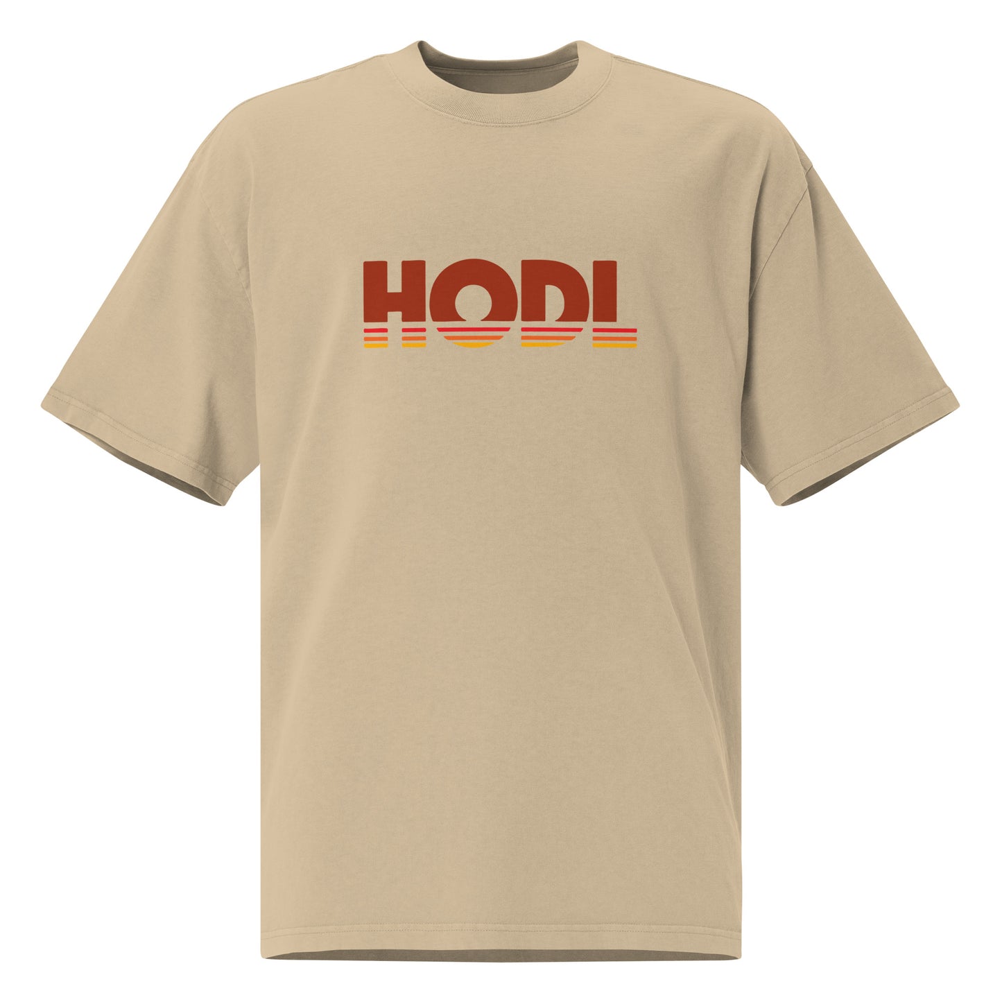Beige t-shirt with 'HODL' logo on a white background