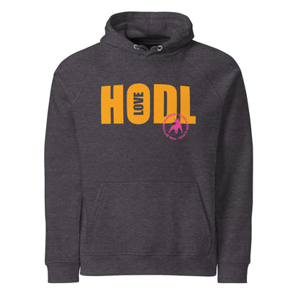 Dark gray hoodie with 'HODL love' in orange and a circular design below on a white background