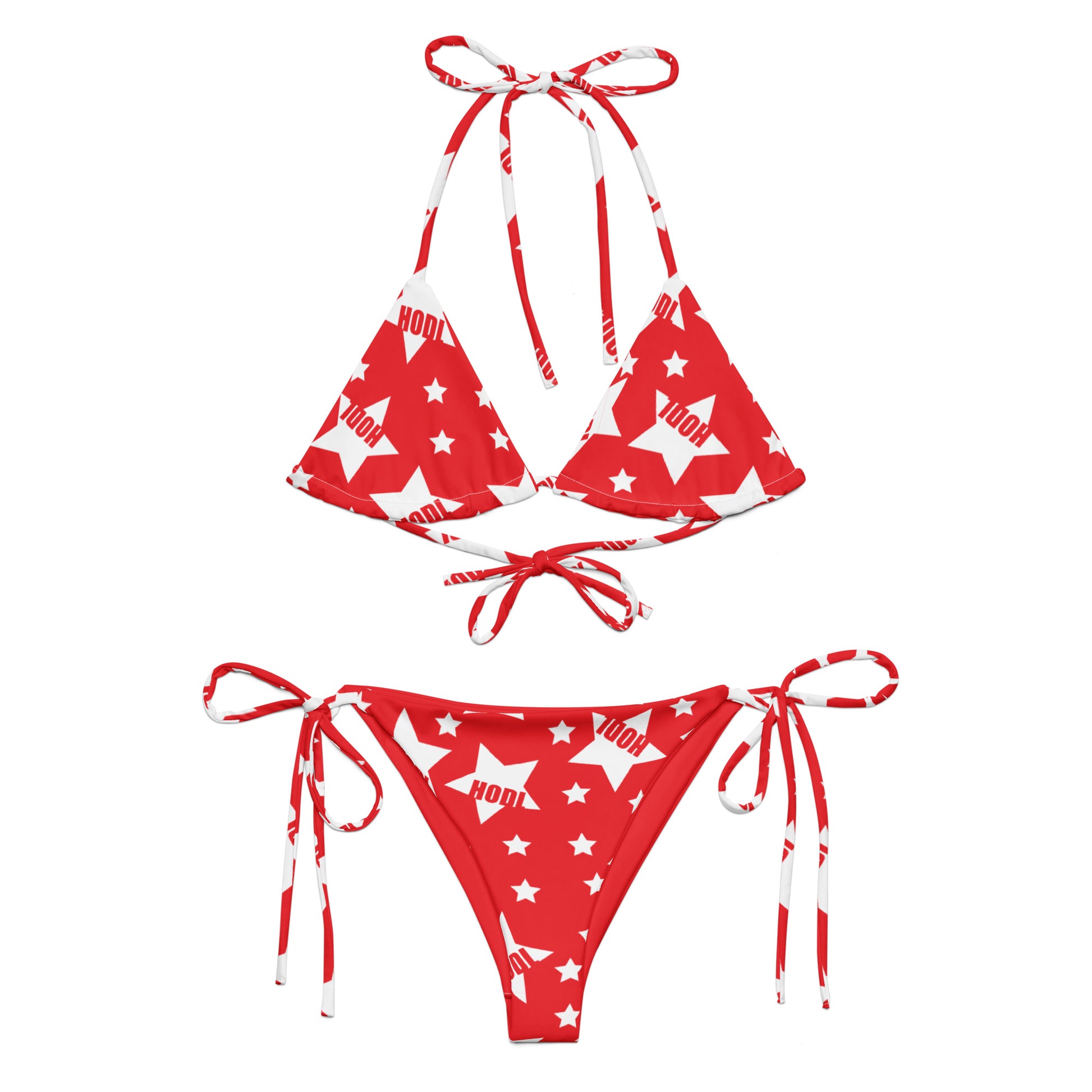 Red and white bikini set with star HODL pattern on a white background
