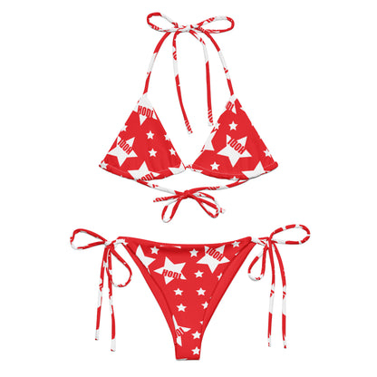 Red and white bikini set with star HODL pattern on a white background