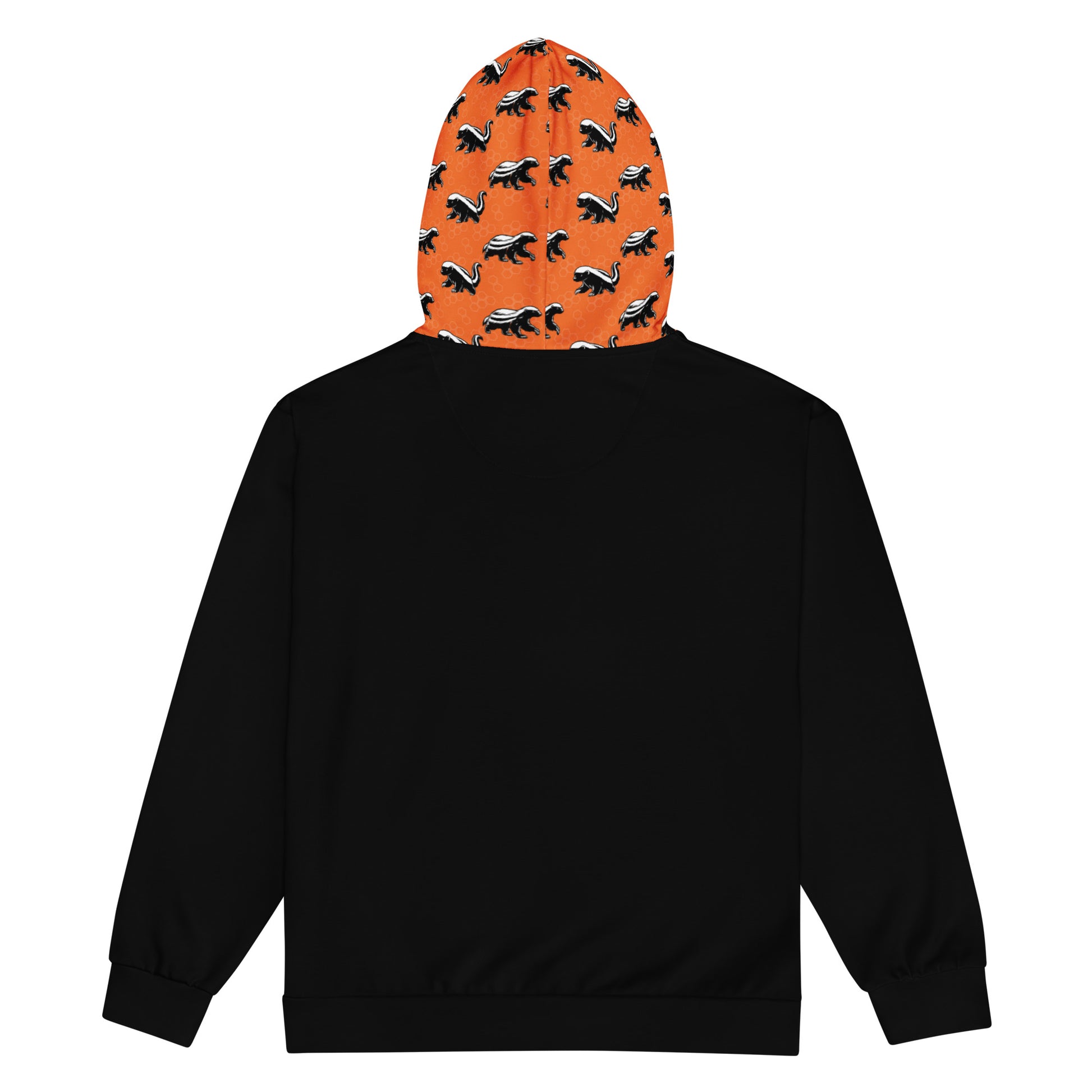 Black hoodie with an orange hood featuring black and white honey badgers patterns on a white background