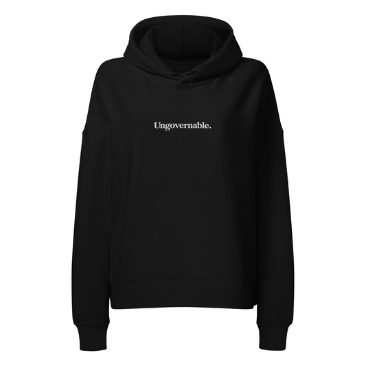Black hoodie with 'Ungovernable.' text on a white background