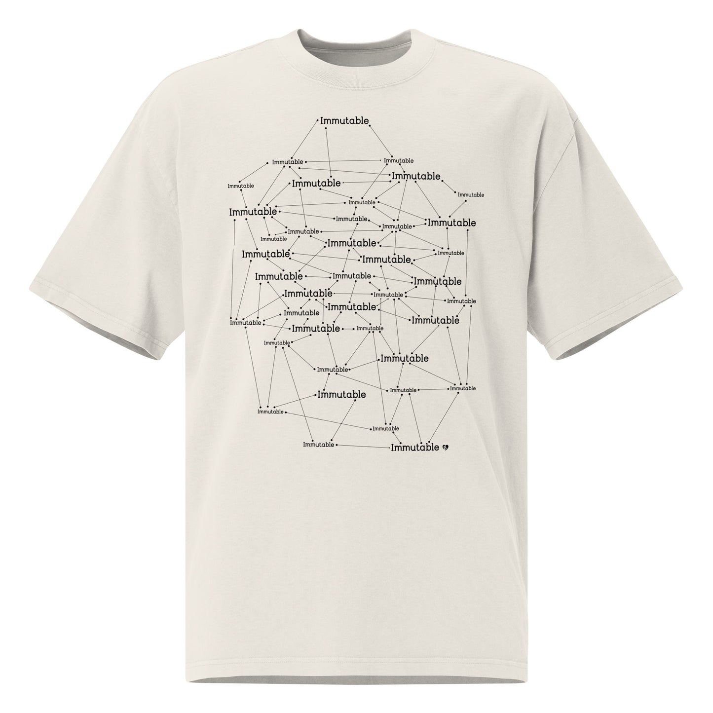 White t-shirt with black geometric immutable web design and 'immutable' text on a white background