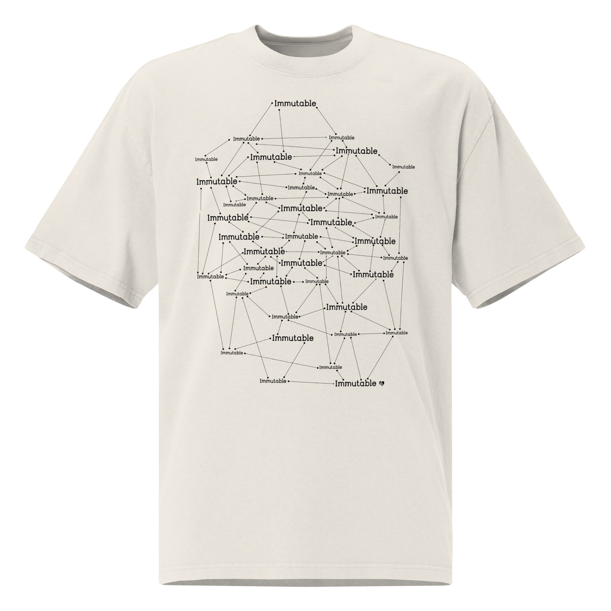 White t-shirt with black geometric immutable web design and 'immutable' text on a white background