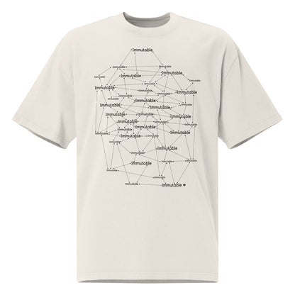 White t-shirt with black geometric immutable web design and 'immutable' text on a white background