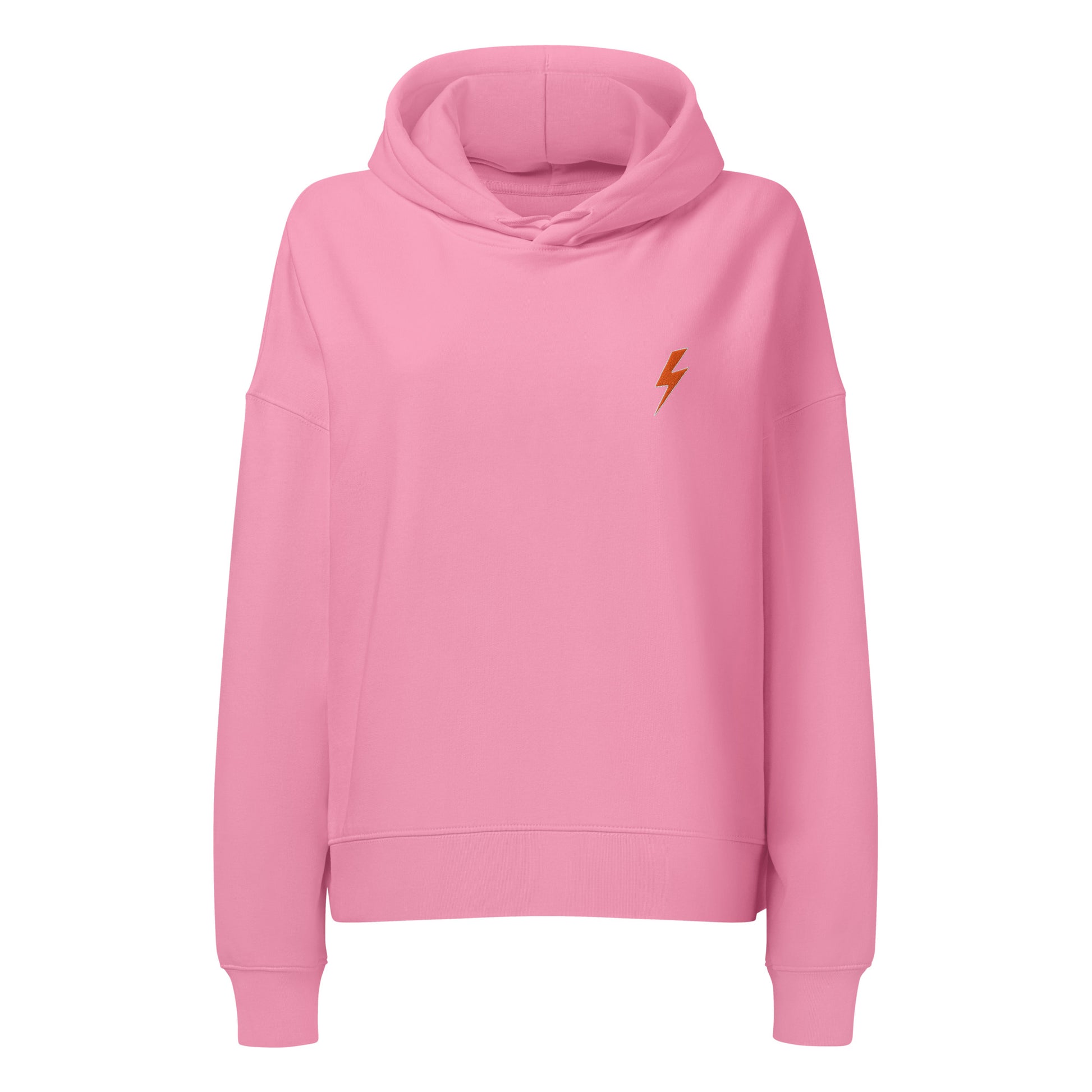 Pink hoodie with a orange lightning bolt emblem on a white background