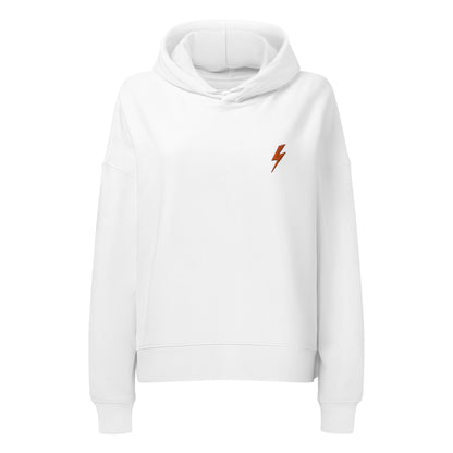 White hoodie with a small orange lightning bolt logo on a white background