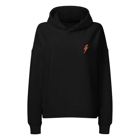 Black hoodie with a small orange lightning bolt emblem on a white background