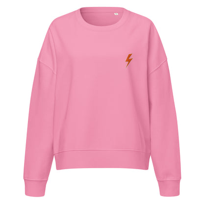 Pink sweatshirt with a orange lightning bolt on a white background