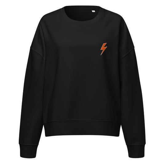 Black sweatshirt with a orange lightning bolt emblem on a white background