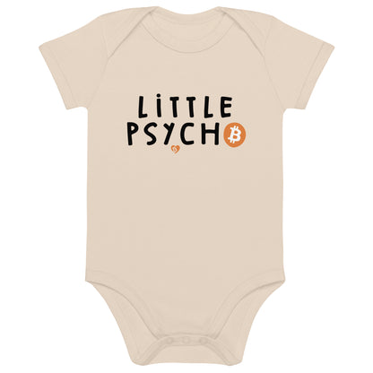 Beige baby onesie with 'Little Psycho' text and Bitcoin logo on a white background