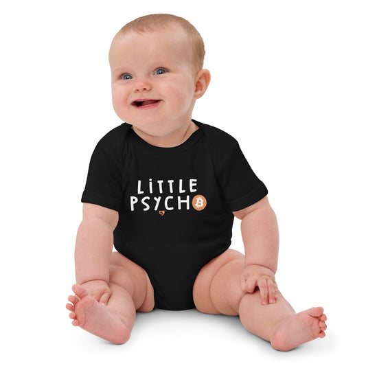 Baby wearing a black onesie with 'Little Psycho' text and Bitcoin symbol on a white background