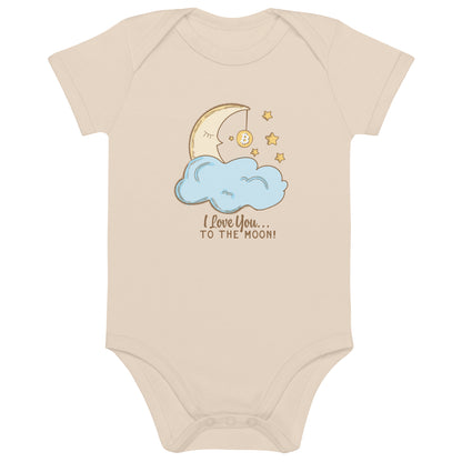 Beige baby onesie with moon and cloud i love you to the moon bitcoin design and text on a white background