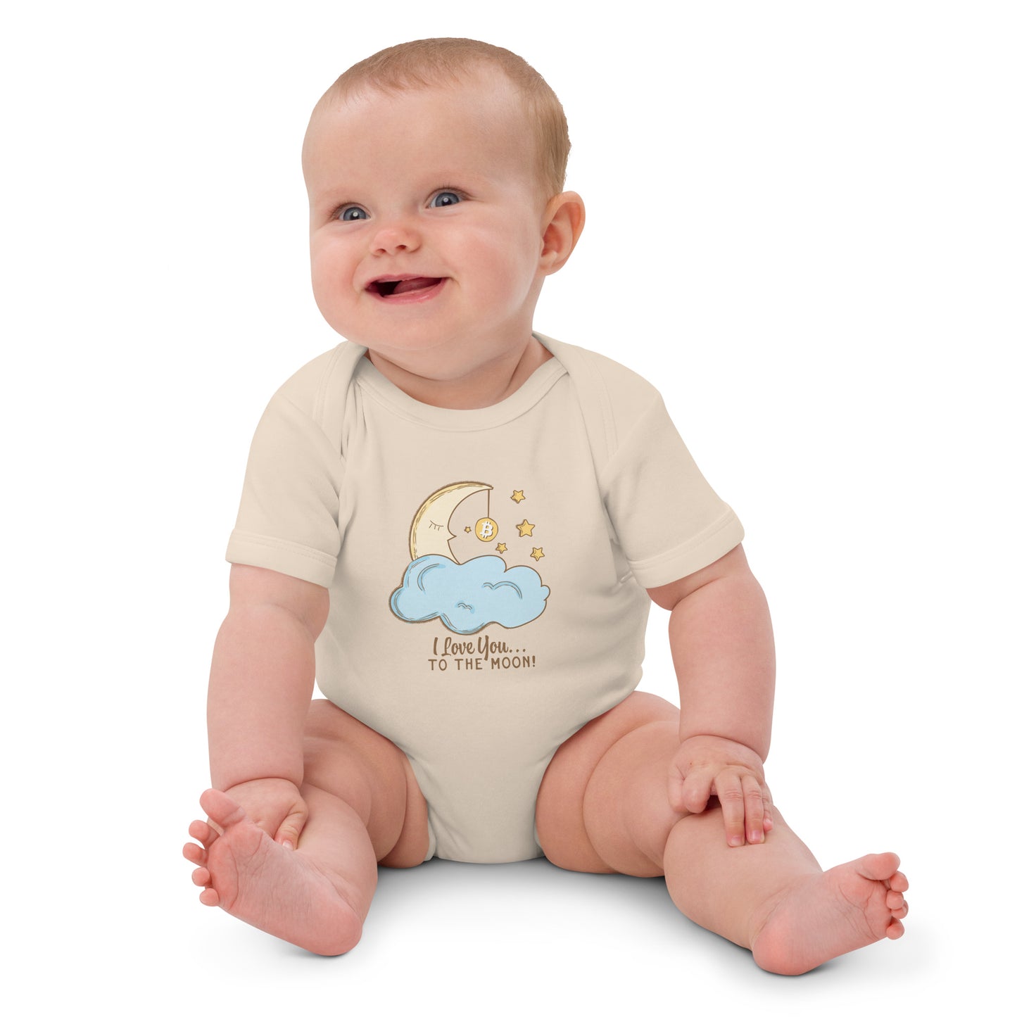 Baby wearing a onesie with a moon and cloud i love you to the moon design on a white background