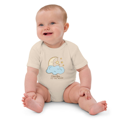 Baby wearing a onesie with a moon and cloud i love you to the moon design on a white background