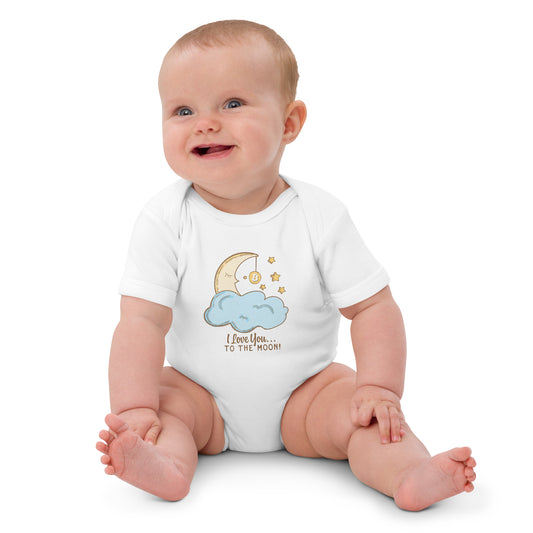 Baby wearing a white onesie with a moon and cloud i love you to the moon design on a white background