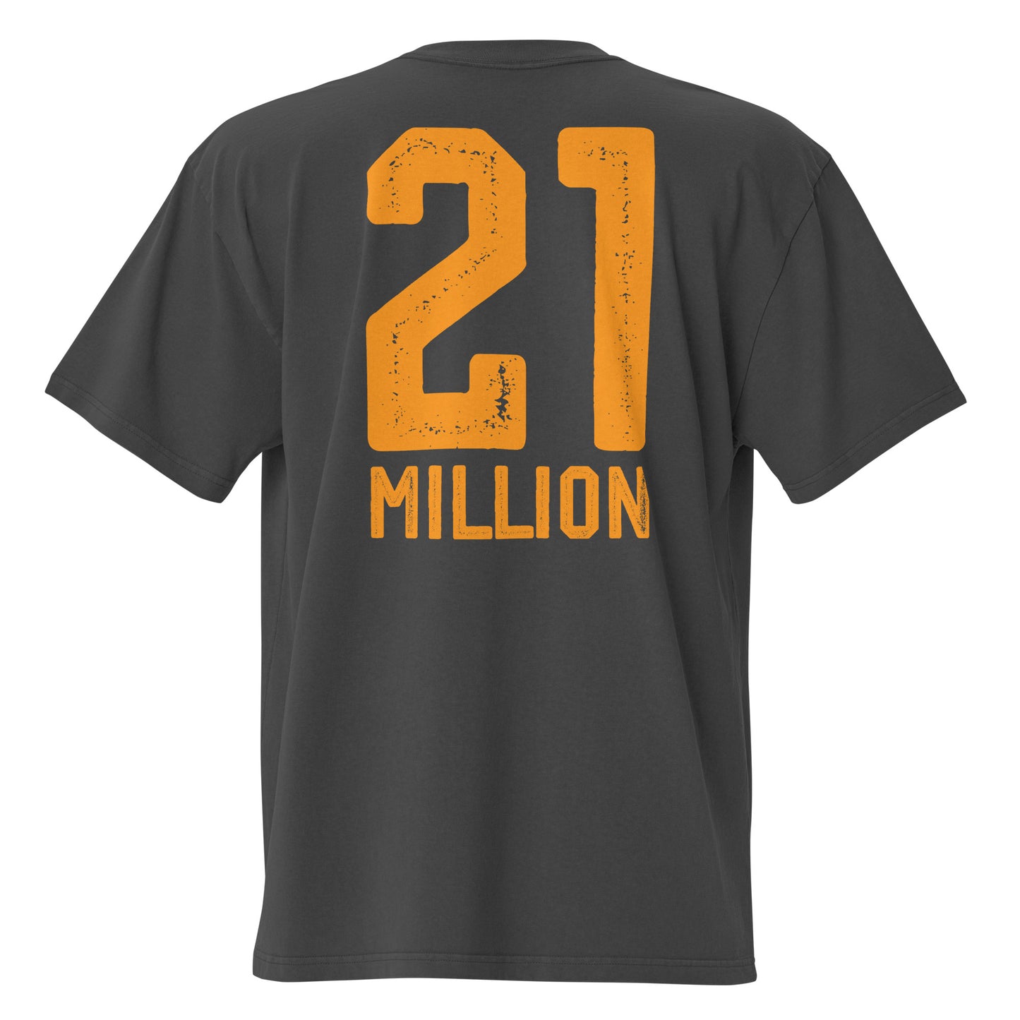 Black t-shirt with orange text '21 MILLION' on a white background
