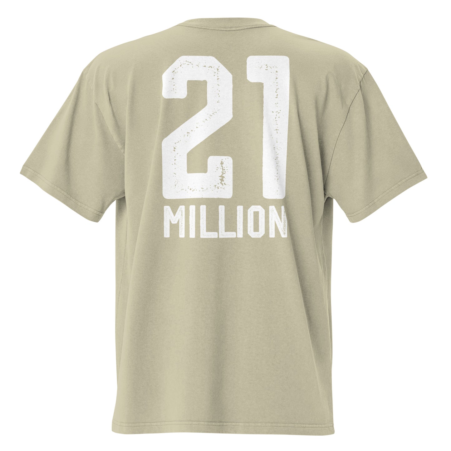 Beige t-shirt with '21 MILLION' printed on the back against a white background