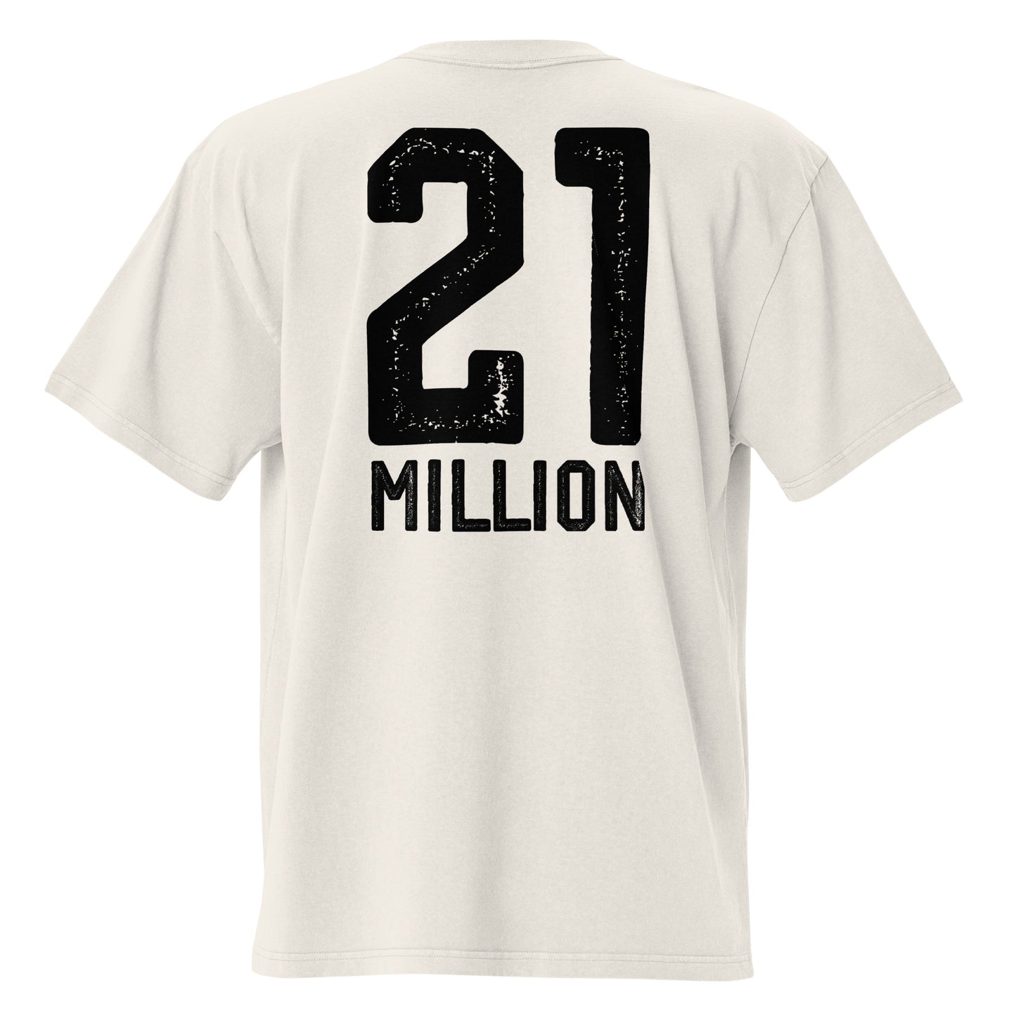 White t-shirt with '21 MILLION' printed on the back against a white background