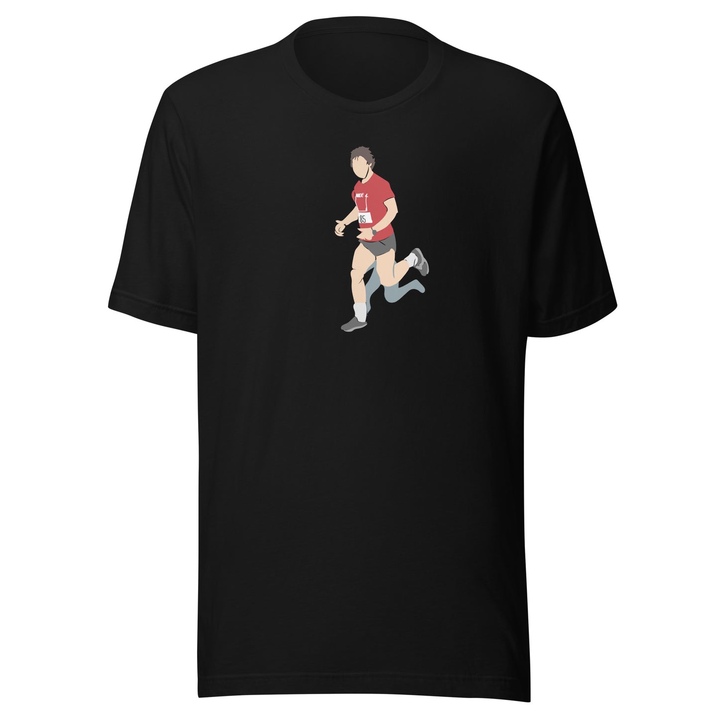Black t-shirt with a graphic of Hal Finney running on a white background