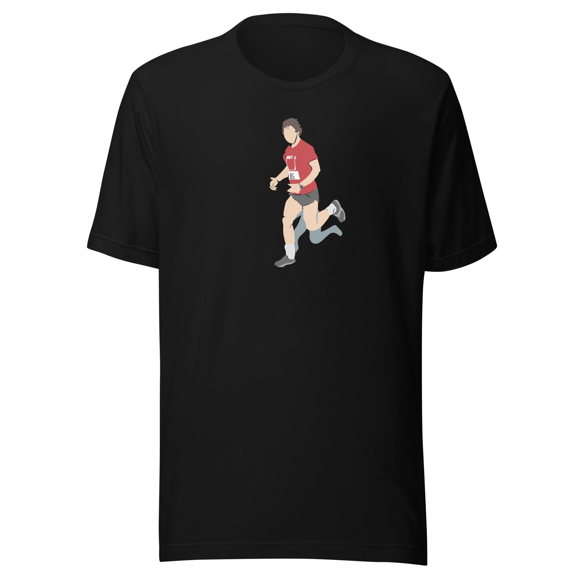 Black t-shirt with a graphic of Hal Finney running on a white background
