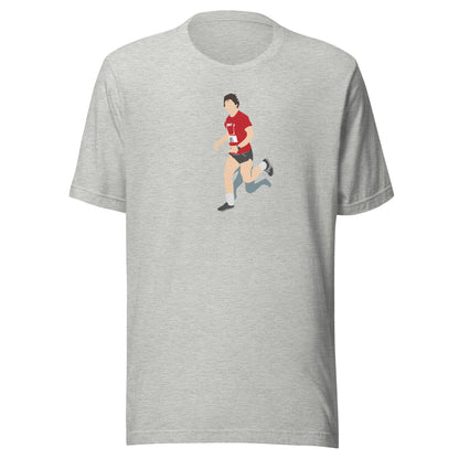 Gray t-shirt with a graphic of Hal Finney running on a white background