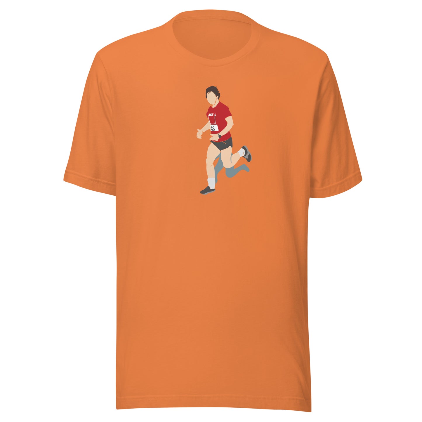 Orange t-shirt with a graphic of Hal Finney running on a white background