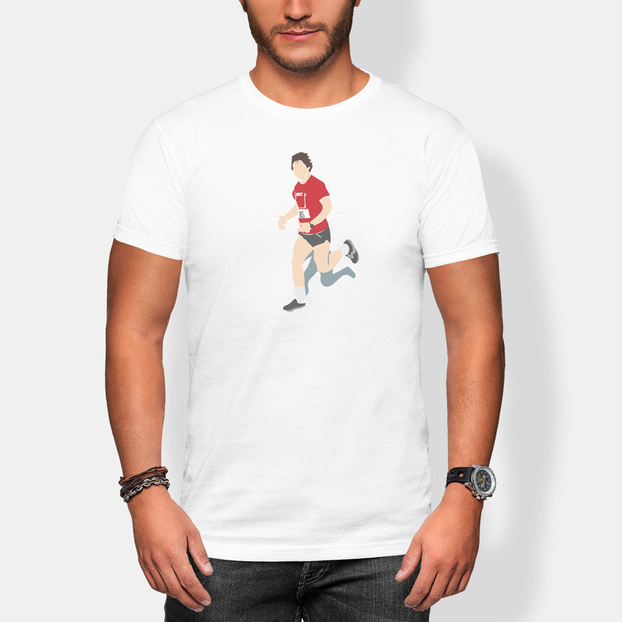 Person wearing a white t-shirt with a graphic of hal finney running on a plain background