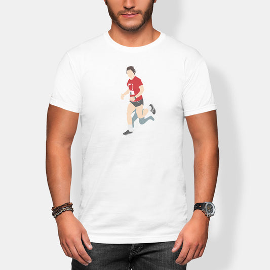 Person wearing a white t-shirt with a graphic of hal finney running on a plain background