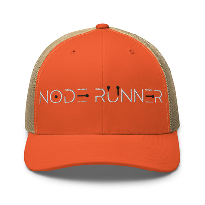 Orange and beige cap with 'NODE RUNNER' logo on a white background