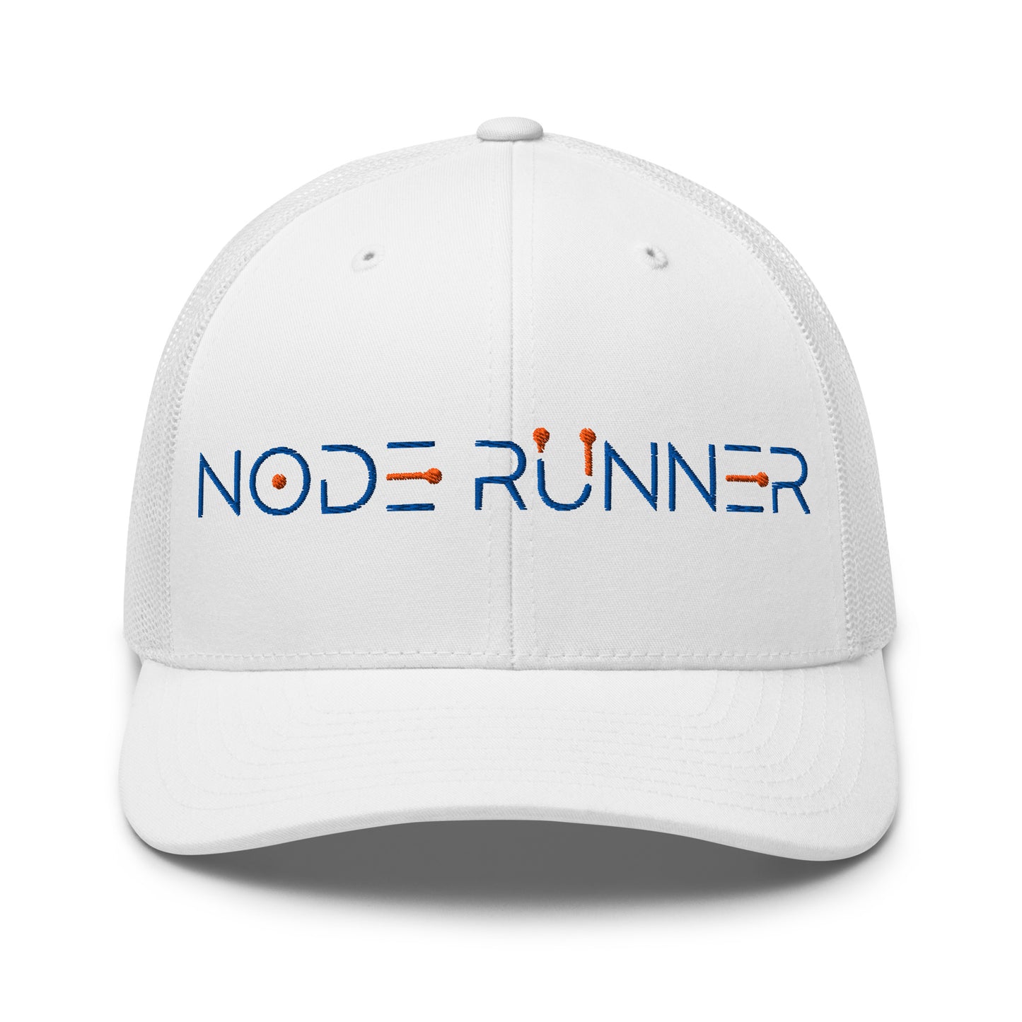 White cap with 'NODE RUNNER' logo on a white background