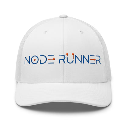 White cap with 'NODE RUNNER' logo on a white background