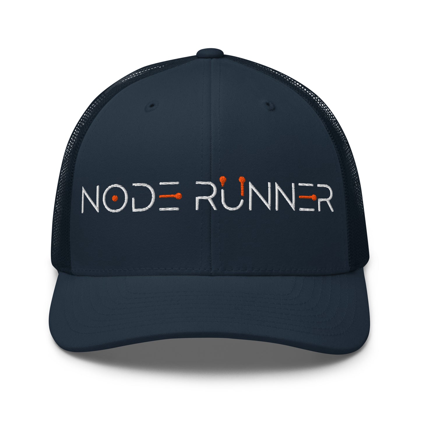 Navy blue cap with 'NODE RUNNER' text on a white background