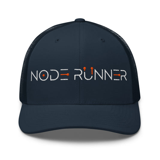 Navy blue cap with 'NODE RUNNER' text on a white background