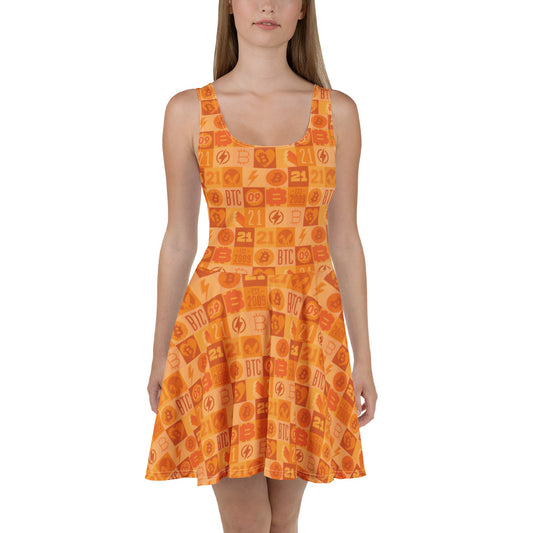 Orange dress with bitcoin square pattern on a white background