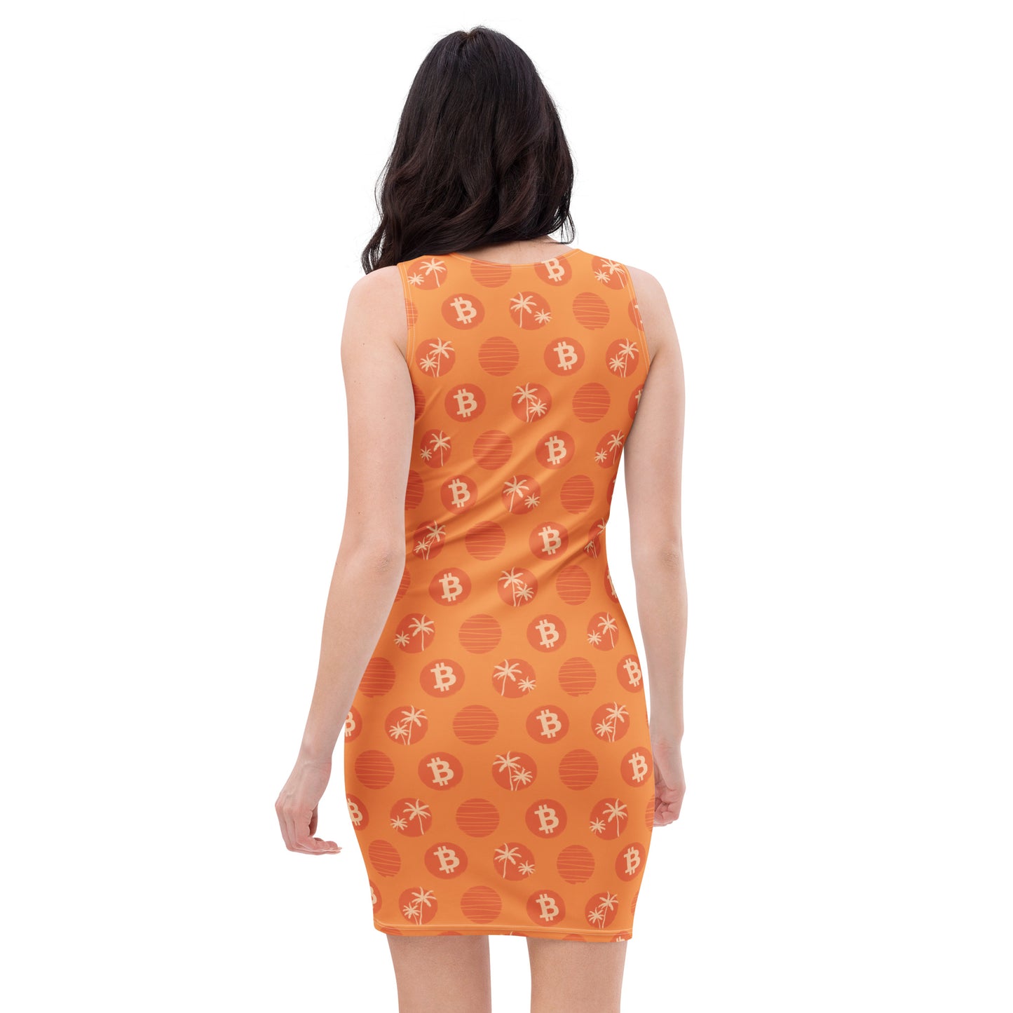 Woman wearing an orange dress with tropical bitcoin pattern on a white background