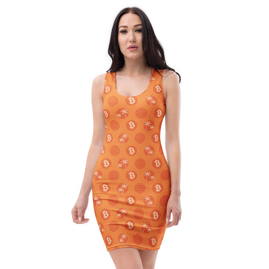 Woman wearing an orange dress with tropical Bitcoin symbol pattern on a white background