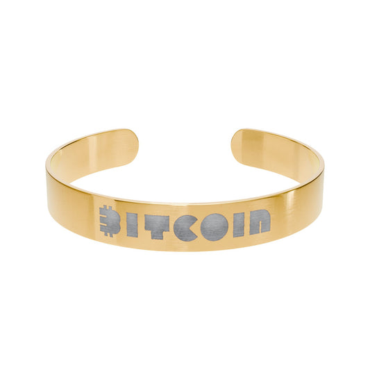 Gold bracelet with 'Bitcoin' engraving on a white background