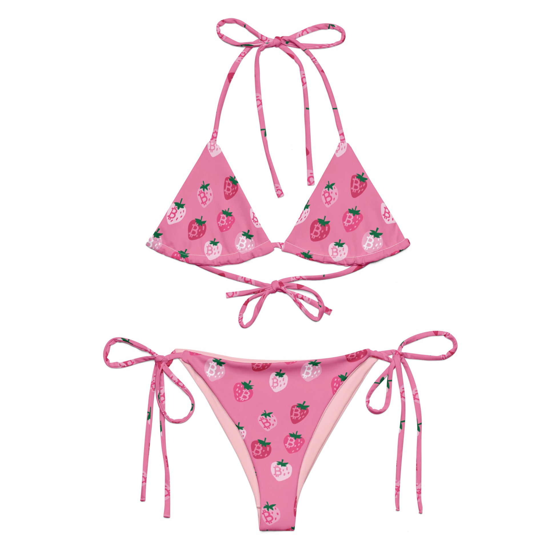 Pink bikini set with strawberry bitcoin pattern on a white background