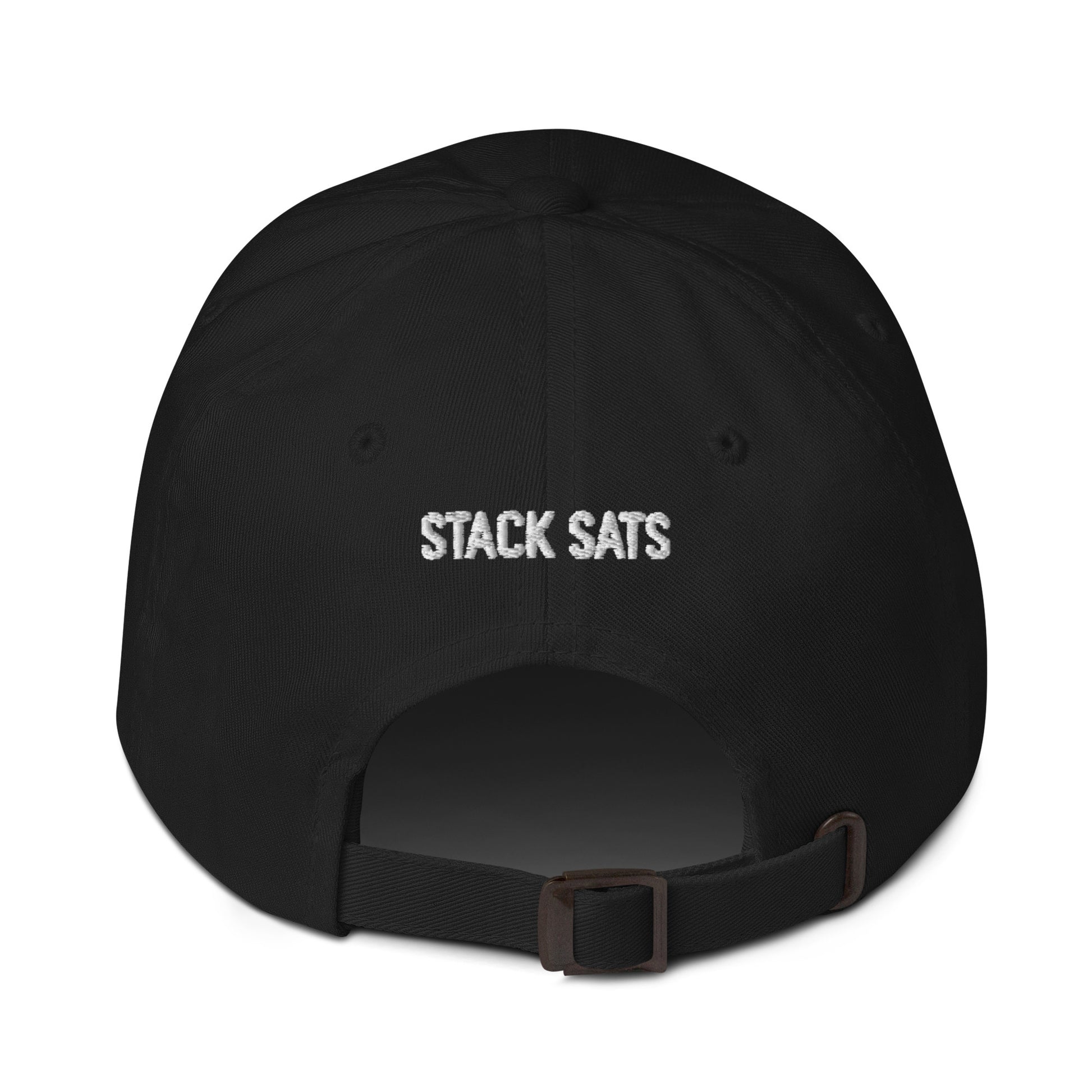 Black cap with 'STACK SATS' text on a white background
