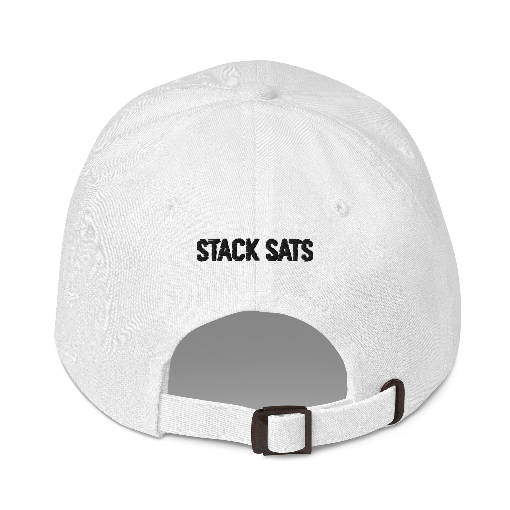 White cap with 'STACK SATS' text on a white background