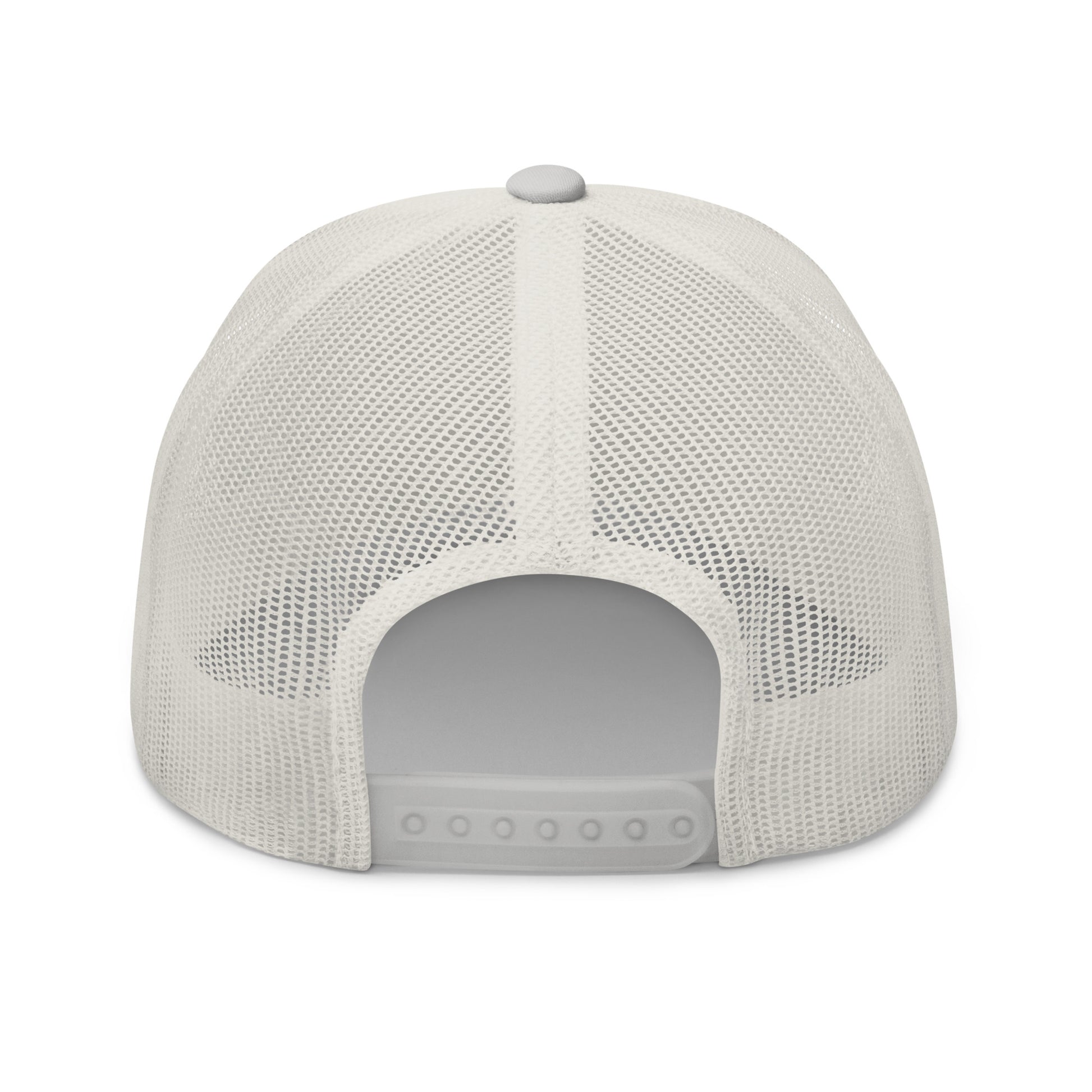 Back view of a light gray cap with mesh design on a white background