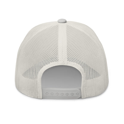 Back view of a light gray cap with mesh design on a white background