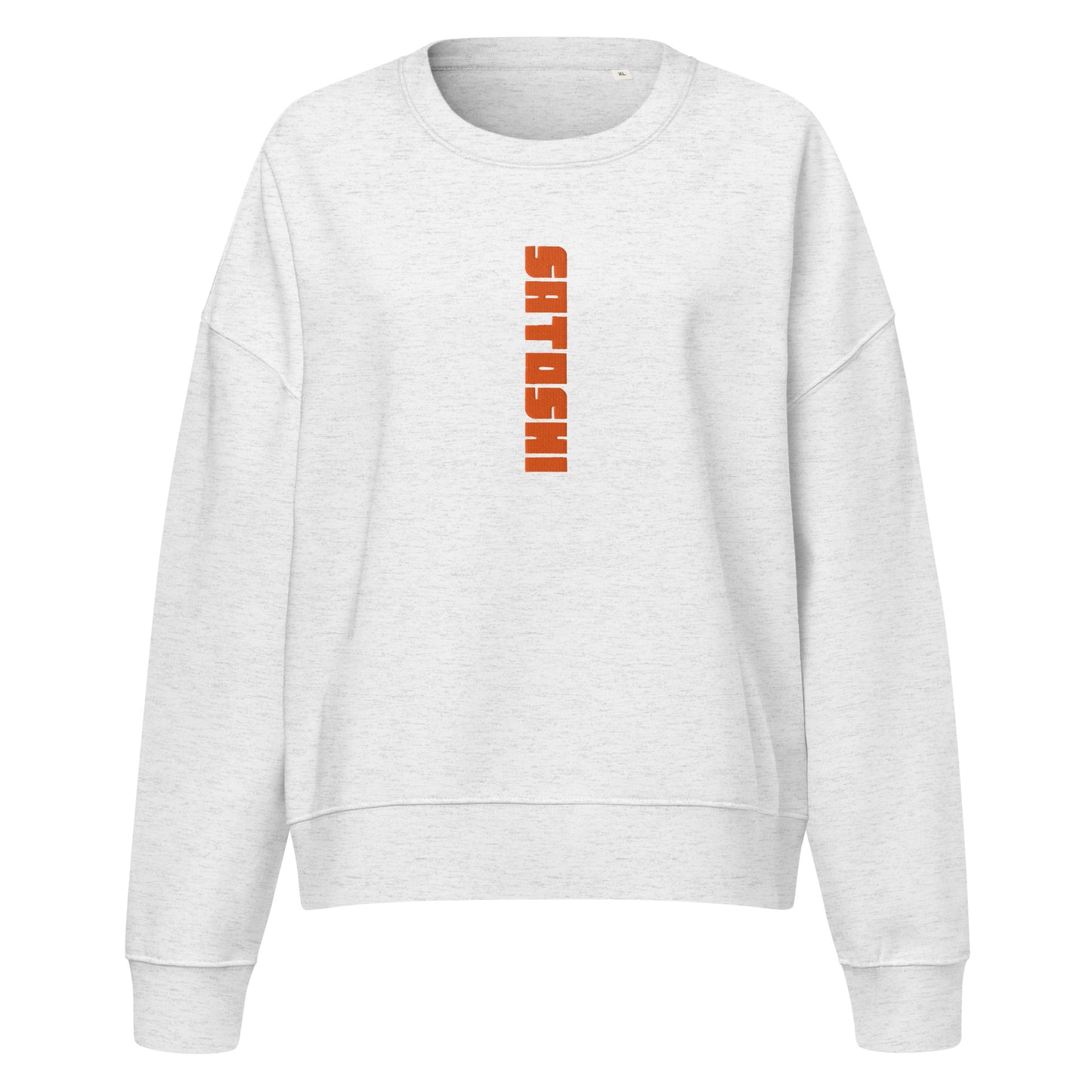 Gray sweatshirt with 'Satoshi' printed in orange on a white background