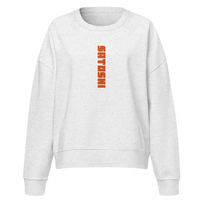 Gray sweatshirt with 'Satoshi' printed in orange on a white background