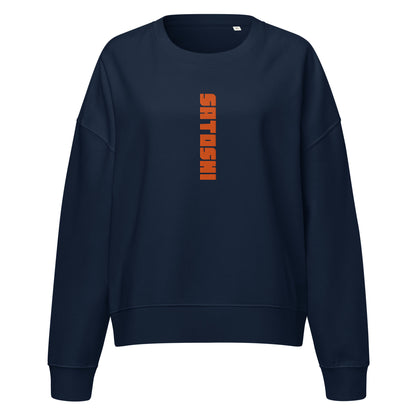 Navy blue sweatshirt with orange satoshi text on a white background