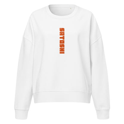 White sweatshirt with 'Satoshi' printed in orange on a white background