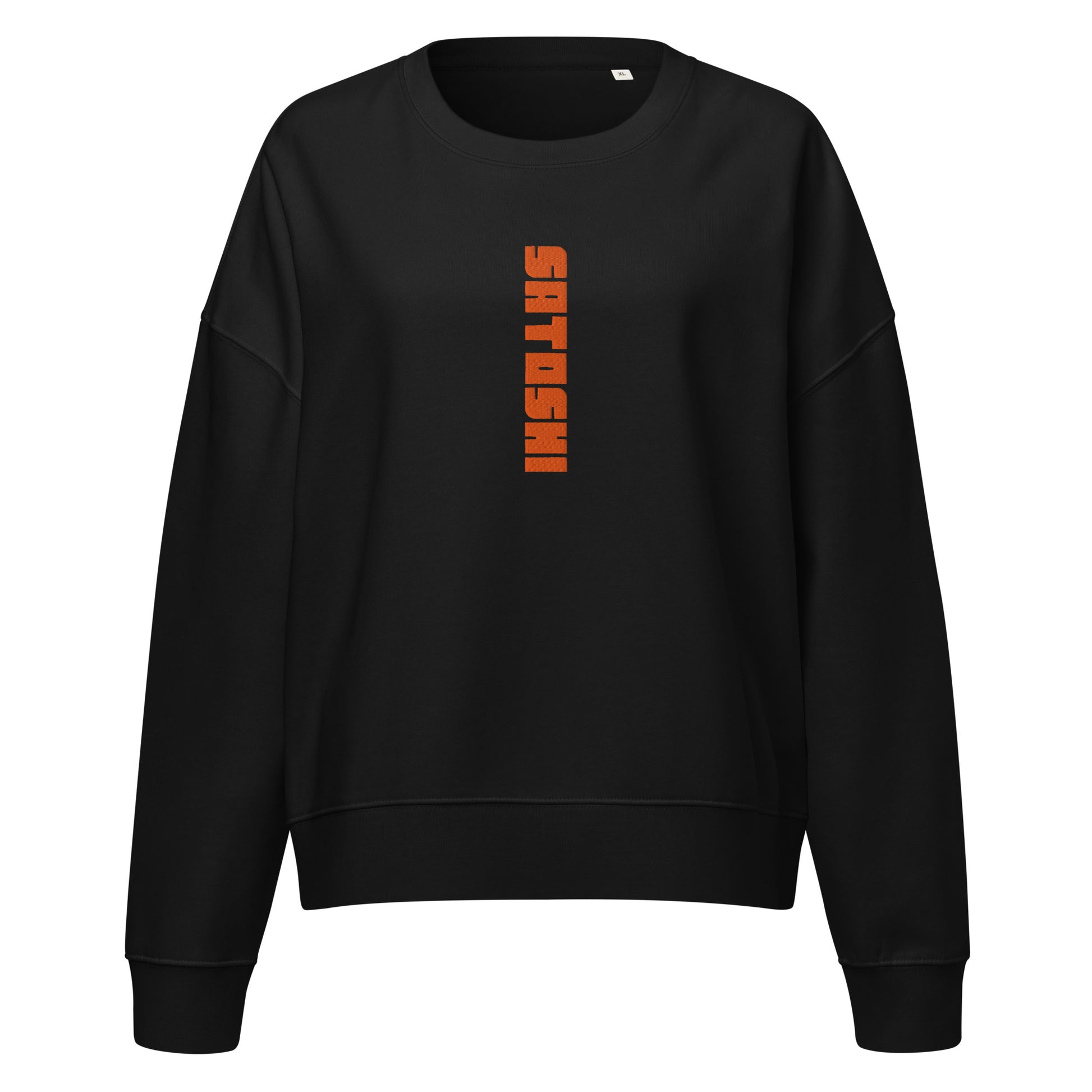 Black sweatshirt with orange satoshi text on a white background